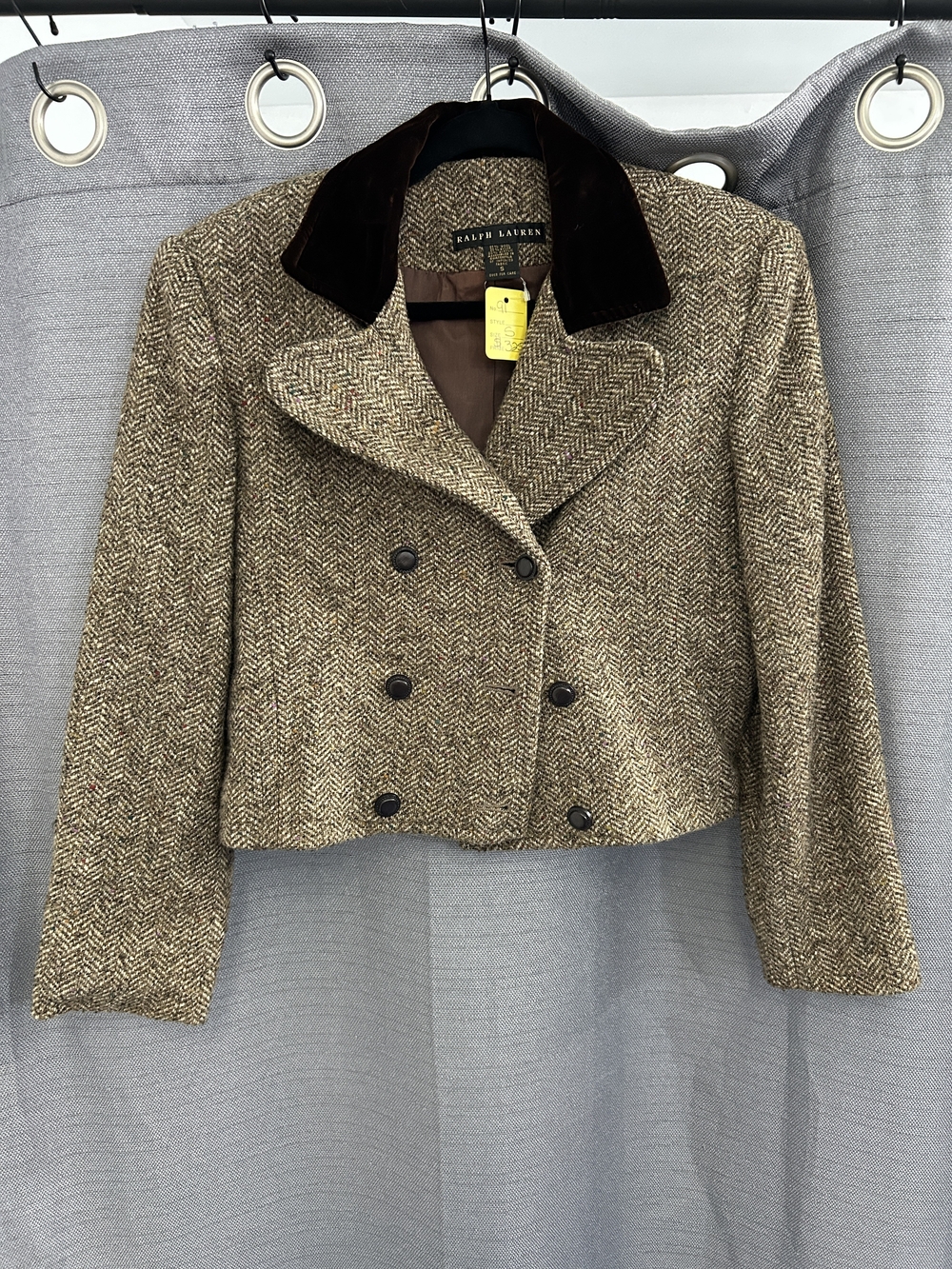Ralph Lauren Tan Herringbone Wool Cropped Pea Coat with Dark Velvet Collar